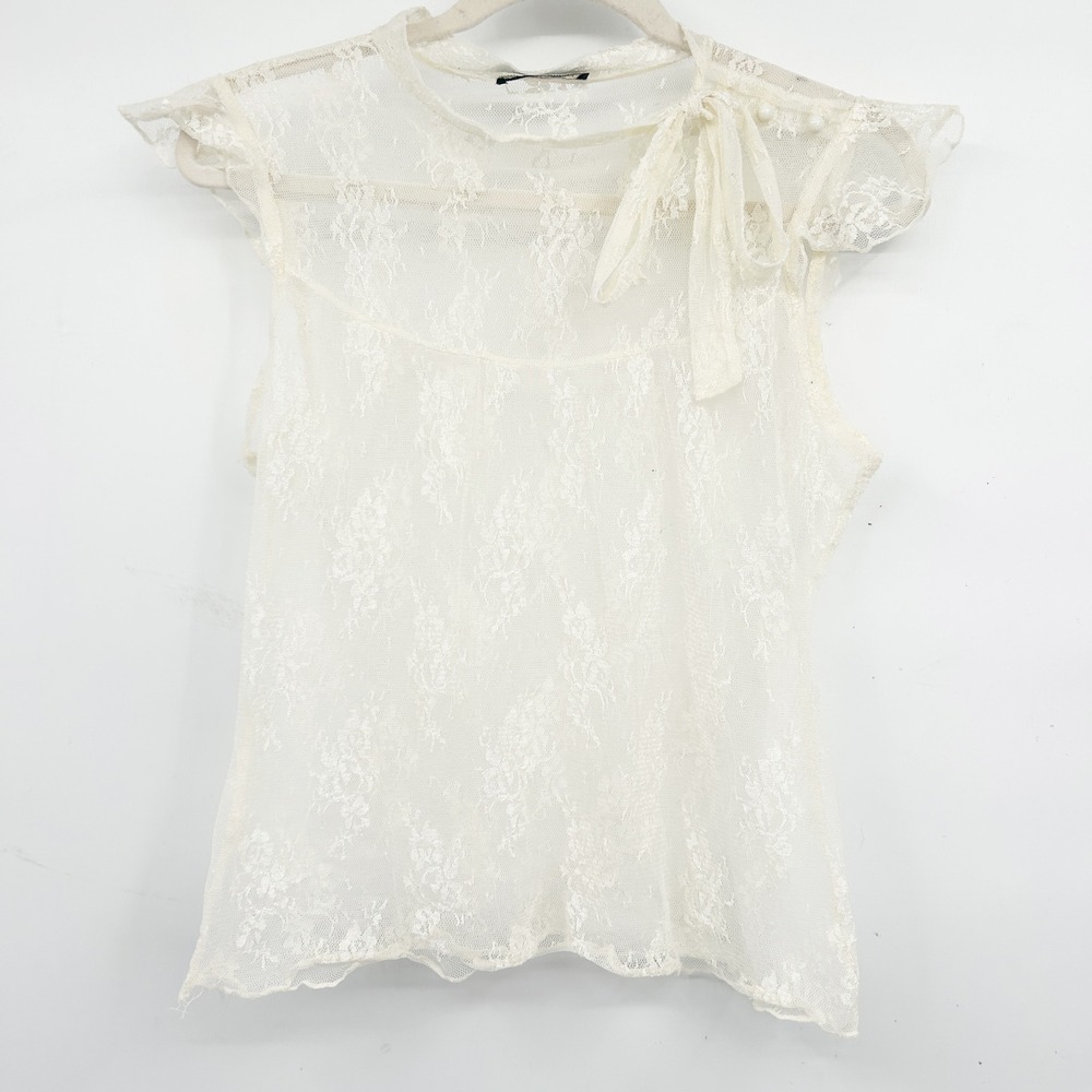 Stargazer Womens Vintage Y2K Fairycore‎ Delicate Lace Sheer Ivory Blouse Top